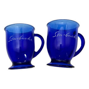 STARBUCKS Anchor Hocking  Cobalt Blue Mug Glass Pedestal Footed Coffee EARLY